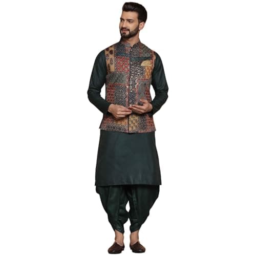 KISAH Men's Kurta, Printed Nehru Jacket & Dhoti Set - Traditional Indian Ethnic Wear for Weddings & Festive Occasions, Multi-dark Grey, 42