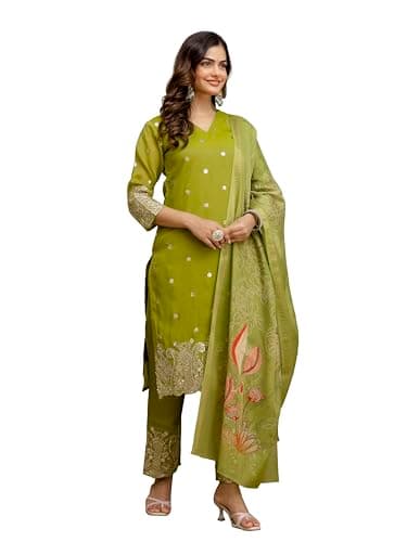 TRENDMALLS Women's Art Silk Embroidery Sequence Work Salwar Suit Set Kurta Pant with Dupatta (G396-Parrot-XL)
