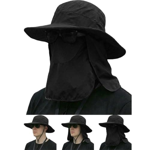Sun Hat Bucket Hats for Men Women,Outdoor Wide Brim Fishing Hat with Detachable Face Cover & Neck Flap UV Protection Black