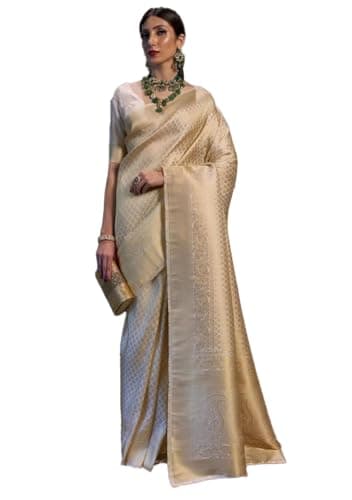 Indya Cream Machine Embroidered Lichi Silk Blend Saree Set | Perfect for Festive Wear
