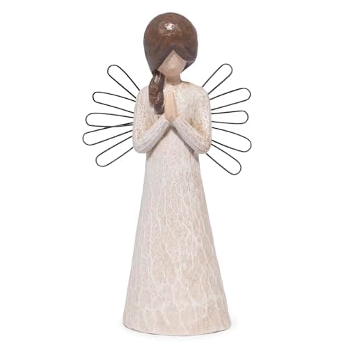 Hodao Praying Angel Figurine, 5.1in Hand-Painted Resin, Rustic Wood-Carved Look with Metal Wire Wings, Small Tabletop Decor for Home Indoor, Spiritual Figurines & Ornaments, Sympathy Gift