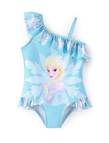 Disney Frozen Elsa Swimsuits for Girls UPF 50+ One Piece Bathing Suits Ruffle One Shoulder Summer Beach Swimwear Blue Quick Dry for Toddler Girls Size 4-5T