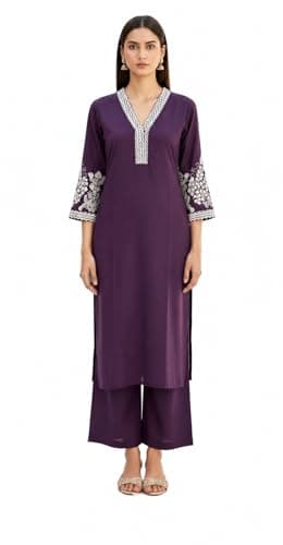 Women’s Embroidered Kurta Set with Pants – Straight Fit Ethnic Wear, 3/4 Sleeve V-Neck Traditional Outfit (US, Alpha, 3X-Large, Regular, Regular, Purple)