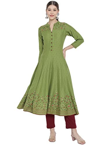 Yash Gallery Women's Rayon Floral Printed Anarkali kurta (Green, 3XL)