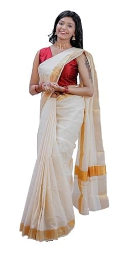 Malayali Fashion Kerala Set Saree for Women – Pure Cotton Saree In 3" Golden Kasavu Border With Running Blouse Piece (Plain)