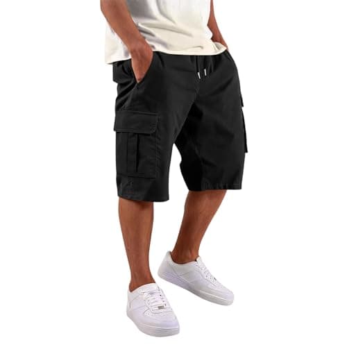 Below the Knee Shorts for Men Mokaloha Drawstring Casual Baggy Cargo Shorts for Men Big and Tall Classic Strech Lightweight Chino with Pockets Tactical Pantaloneta Nautica para Hombre B Black