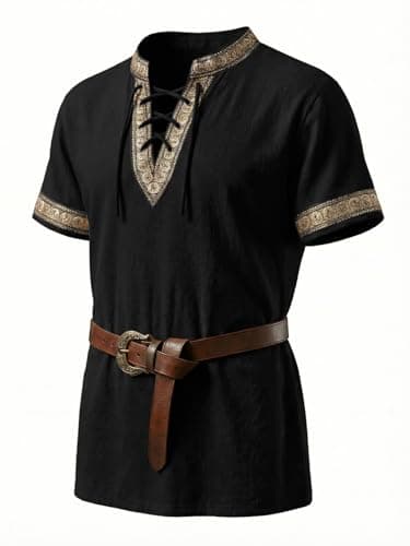 Runcati Mens Medieval Pirate Shirt Cotton Lace Up Renaissance Shirts Viking Retro Scottish Halloween Costume Tops Black