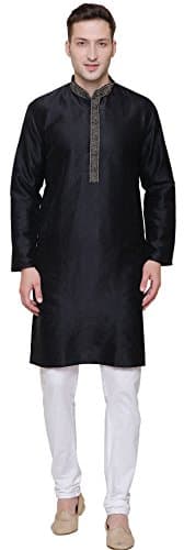 Poly Silk Men's Kurta Pajama India Clothing Wedding Party Wear (Black, XXL)