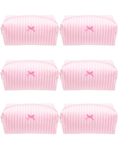 6PCS Cozy Makeup Bag Small Aesthetic Travel Zipper Cosmetic Pouch for Women Make Up Beauty Accessories Brushes, Stripe Cute Pink