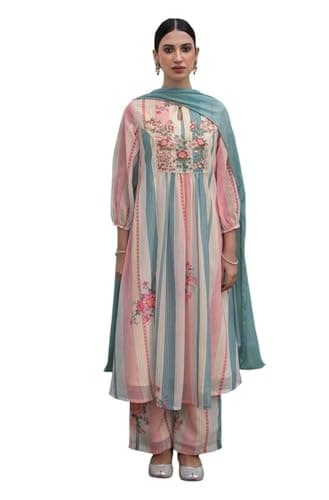 Janasya Indian Women's Georgette Cream Floral Print Festive Wear Kurta Set for Women