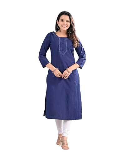 Meyali Womens Plain Cotton Kurti Top | Straight Fit Round Neck Kurta | 3/4 Sleeves Tunic Top | Casual Indian Kurti for Women - Blue