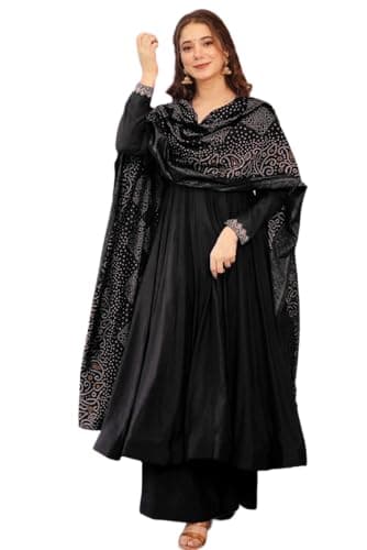 The Red Lion Enterprise Women’s Flared Anarkali Suit with Dupatta Chinon Indian Ethnic Wear for Weddings Festivals Parties (US, Alpha, X-Large, Regular, Regular, BLACK)