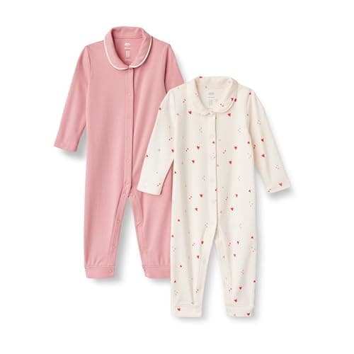 Amazon Essentials x Sofia Grainge Unisex Babies' Cotton Footless Sleepsuit, Pack of 2, Blush/Multi Hearts, 3-6 Months