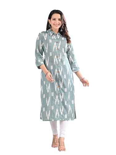 Chichi Indian Womens Printed Cotton Kurti Top | Straight Fit Collar Neck Kurta | 3/4 Sleeves Tunic Top | Casual Indian Kurti for Women - Slate Grey