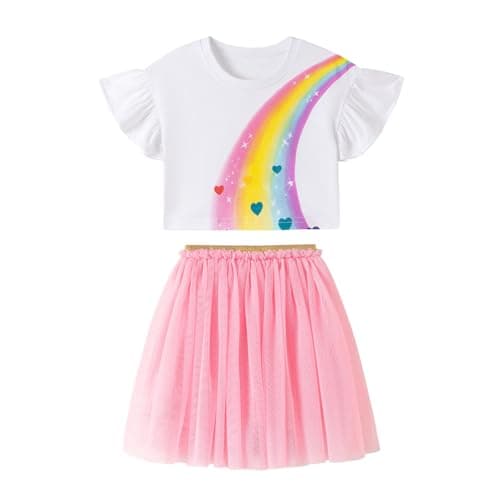 Tulle Dresses for Girls,Rainbow Outfit Skirt Set Two Piece Short Sleeve T-Shirt Top Tutu Birthday Party Summer Clothes Summer for Toddler Kids White Rainbow Age 1-2 Years 2T Easter Gifts