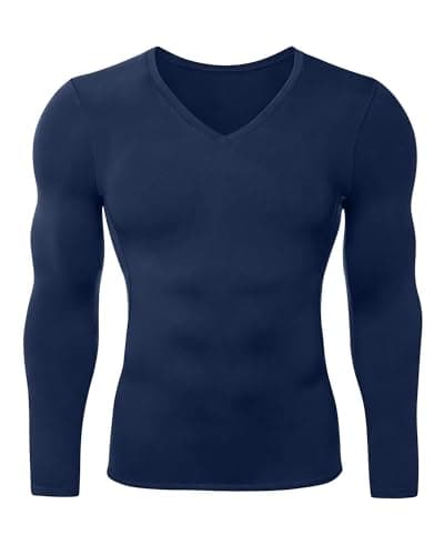 LWISMIL Navy V Neck Compression Undershirts for Men Long Sleeve Workout Shirts Running Basketball Base Layer Undershirts Athletic Tops