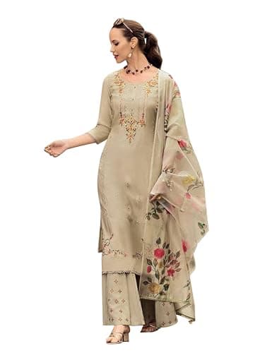 TRENDMALLS Women's Cotton Silk Hand Work Embroidery Kurta Palazzo Set with Printed Dupatta (G308-Beige-3XL)