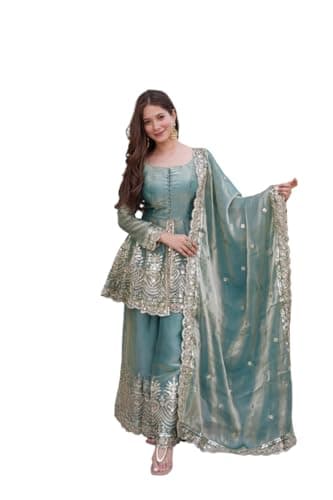 Satyam Creation Beautiful Organza Punjabi Style Sharara Suit for Women Ready to Wear Sharara Suit Salwar Kameez with Dupatta for Women (Green, X-Large / 42)