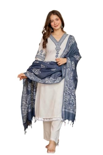 SANJHEYA- CRAFTED TO BELONG Women Cotton Kurta Pant Dupatta Set 3 Piece Ethnic Outfit, White Straight Kurti with Blue Printed Dupatta(Medium)