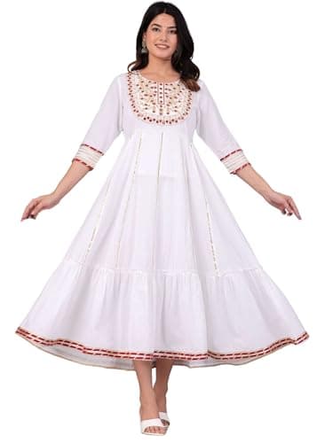 JG JAI GOVINDAM Cotton Anarkali Indian Kurti for Women Pakistani Wedding/Party Wear Designer Style Anarkali Suit for Women (US, Alpha, Small, Regular, Regular, White)