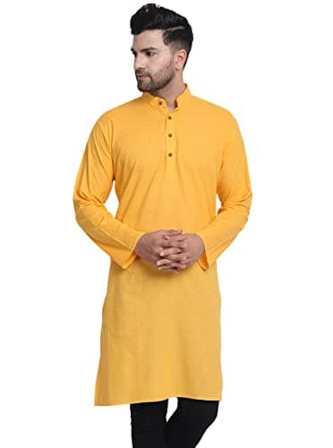 In-Sattva Men's Indian Banded Classic Collar Pure Cotton Long Kurta Tunic; Mustard; XL