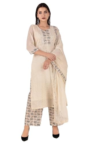 ladyline Women's Cotton Salwar Kameez | Chikan Embroidered Traditional Printed Pants (CESK HRCH1590) (42/ Cream)