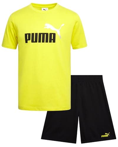 PUMA Boys Short Set - 2 Piece Short Sleeve Crewneck Performance Graphic Tees and Athletic Mesh Shorts for Boys (Sizes: 4-16), Size 8-9, Yellow Puma/Black