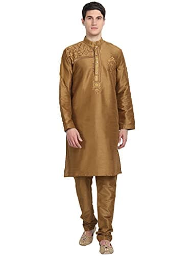 SKAVIJ Men's Art Silk Woven Design Kurta Pajama Set Embroidered Ethnic Party Dress (KP074brown_Brown_S)