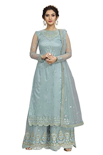 TRENDMALLS Women's Net Embroidery Salwar Suit Set Kurta Sharara with Dupatta (G76-SkyBlue-S)