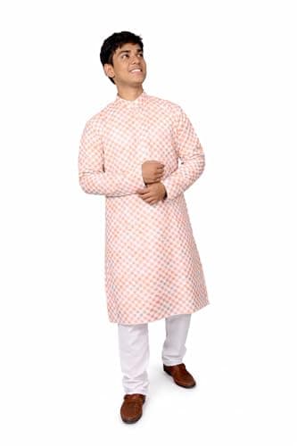 HOME ARCHIVE Men's Premium Embroidery Indian Kurta Pajama Set Casual Fashion for Indian Wedding Festivals Occasion (US, Alpha, Small, Regular, Regular, Orange)