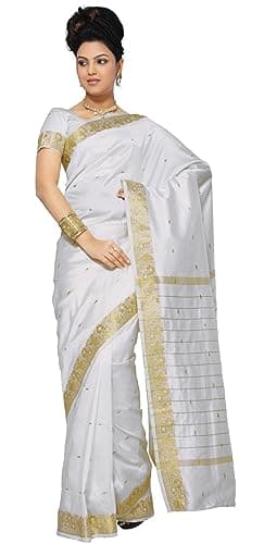 Sanskruti India Womens Indian Ethnic Traditional Banarasi Art Silk Saree Sari Wrap Fabric Dress Drape (White)