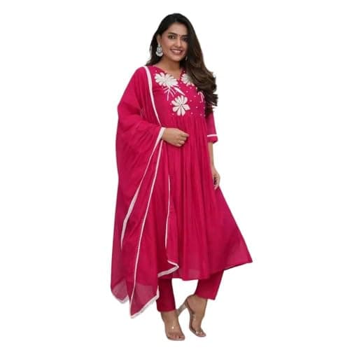 Women’s Pink Embroidered Pure Cotton Straight Kurti Set with Dupatta & Pant – V-Neck Ethnic Wear for Office, Festive & Casual Wear - (X-Large)
