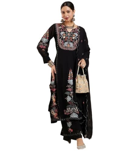 zomiconice women's kurta set dupatta Viscose Silk Embroidery A-line Kurta Pant Salwar Suit Set Full iner Kurta Set for Women (US, Numeric, 42, Regular, Regular, 2, Black)