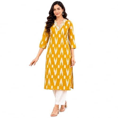 Ramkudi Kurti for Women | Straight Fit Cotton Printed Kurtis | 3/4 Sleeves Indian Style Tunic | Casual Kurtis for Girls Mustard Yellow