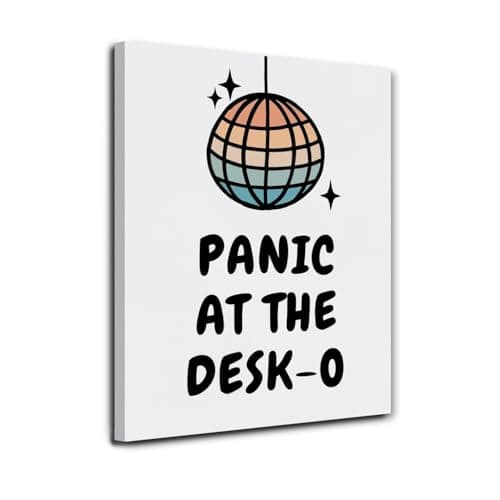 JINYO Funny Office Wall Decor, Funky Y2K Disco Ball Canvas Wall Art Framed, Panic at the Desk-O Funny Mental Health Posters for Office Workplace Workroom Home Decor, 11x14 Inch