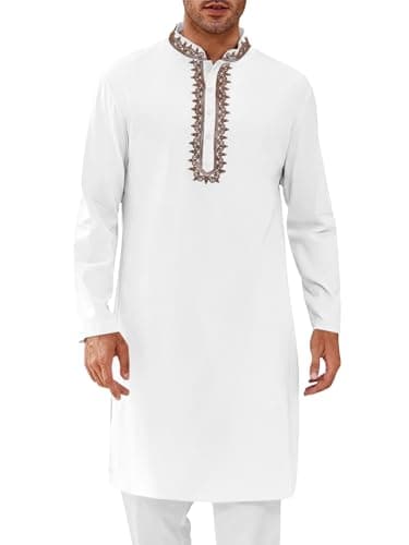 Runcati Mens Kaftan Thobe Cotton Henley Shirt Long Sleeve Embroidery Robe Casual Kurta Muslim Gown Shirt White