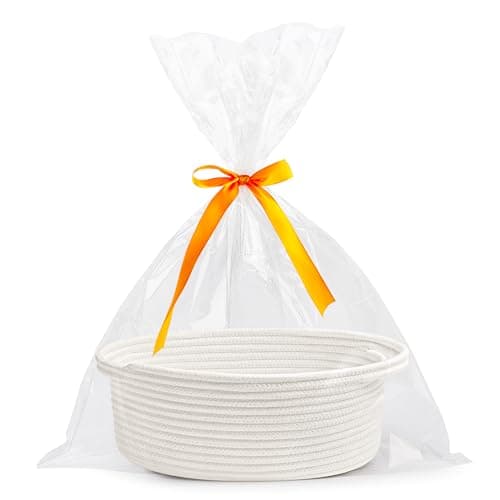 Pro Goleem Small Woven Easter Basket with Gift Bags and Ribbons Durable Burr Baskets for Gifts Empty Small Rope Basket for Storage 12"X 8" X 5" Baby Toy Baskets with Handles, White