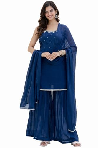 COLORVIBES Women’s Embroidered Sequined Kurta Sharara Set with Dupatta – Ethnic Party Wear (US, Alpha, Small, Regular, Regular, Navy Blue)