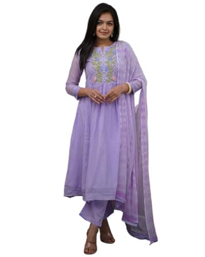The Red Lion Enterprise Georgette Kurti Pant Dupatta Set for Women Party Wear Embroidery Indian Traditional Suit Outfit (US, Alpha, XX-Large, Regular, Regular, Lavender)