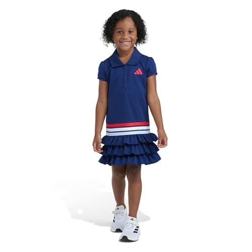 adidas Girls Short Sleeve Ruffle Polo Patriotic Dress, Dark Blue, 3T