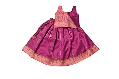 TRADITIONINDIA Sequin & Dupion Fabric Sleeveless Party & Wedding Wear Pattu Pavadai Lehenga Choli for Girls & Kids (Size 2-3 Year) (Color -Baby Pink & Magenta), 2 Year -3 Year