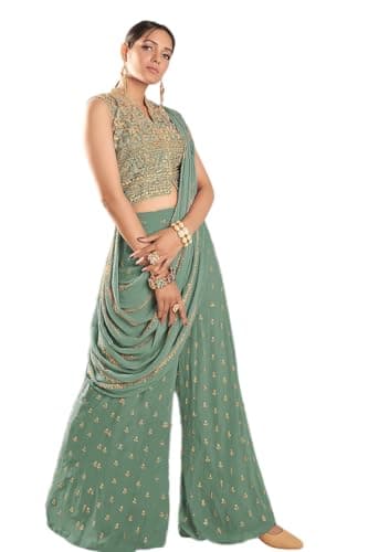 Indya Green Embroidered Georgette Sharara Set – Sleeveless for Festive | Sleeveless | Crew Neck | Indian Ethnic Wear
