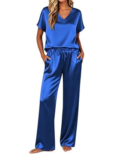 Ekouaer Silk Pajamas for Women 2 Piece Satin Pjs Cap Short Sleeve Sleepwear V Neck Shirt Long Pant Lounge Sets Blue M