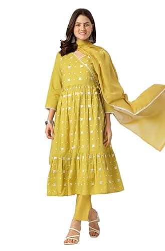 Janasya Indian Women's Cotton Yellow Embroidered Festive Wear Kurta Set for Women