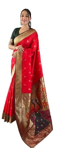Rang Priya Paithani silk saree with rich contrast weaving pallu and unstitched blouse (Red)