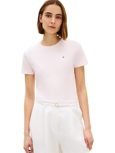 Tommy Hilfiger Women's Slim Ribbed Crew Neck T-Shirt, AIRY Pink X-Large