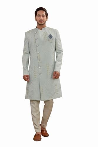 Shreyanvi Indian Designer Wedding Festive Wear Men's Jacquard Fabric Indo-Western Sherwani Pajama Set