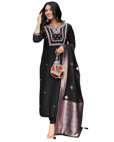 The Red Lion Enterprise Women's Partywear Anarkali Salwar Suit alia cut Embridery Kurti dress 3pc Set (US, Alpha, X-Large, Regular, Regular, Black H)