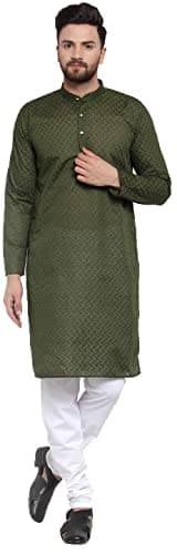 Maple Clothing Festival Kurta Pajama Men's Cotton Chikan India Apparel (Olive, M)
