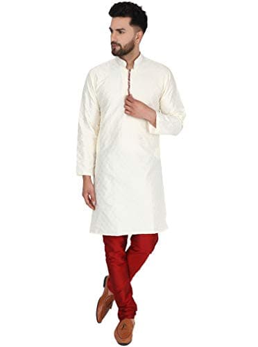 SKAVIJ Men's Tunic Art Silk Indian Kurta Pajama Wedding Party Festive Season Dress Suit (X-Large,Offwhite)